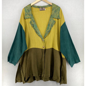Vtg CRUNCH 2 Jacket Linen Colorblock Lagenlook Tunic Overshirt Green USA